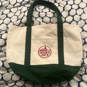 Trader Joe's Full Size Canvas Tote Bag green/cream